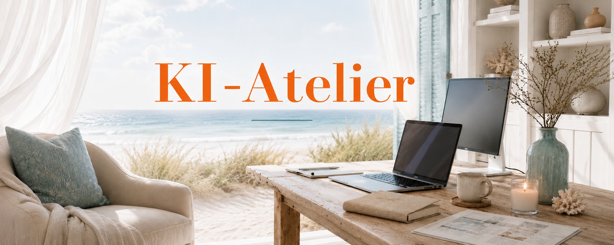 Heller Küsten-Arbeitsplatz mit Laptop und Meerblick. Das KI-Atelier.